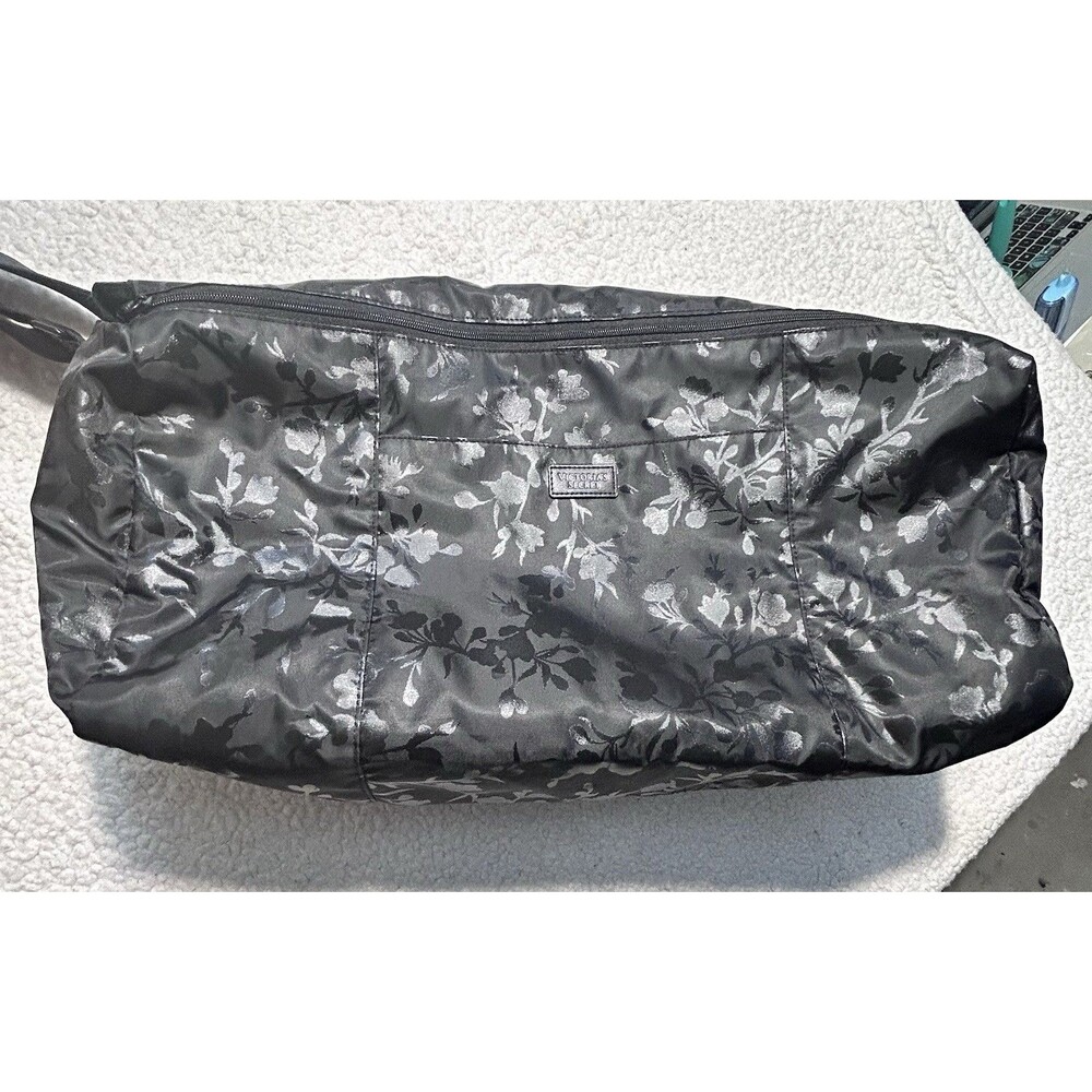 Victoria's Secret Black Silver Floral Duffel Bag Large Weekend Travel Gym Tote